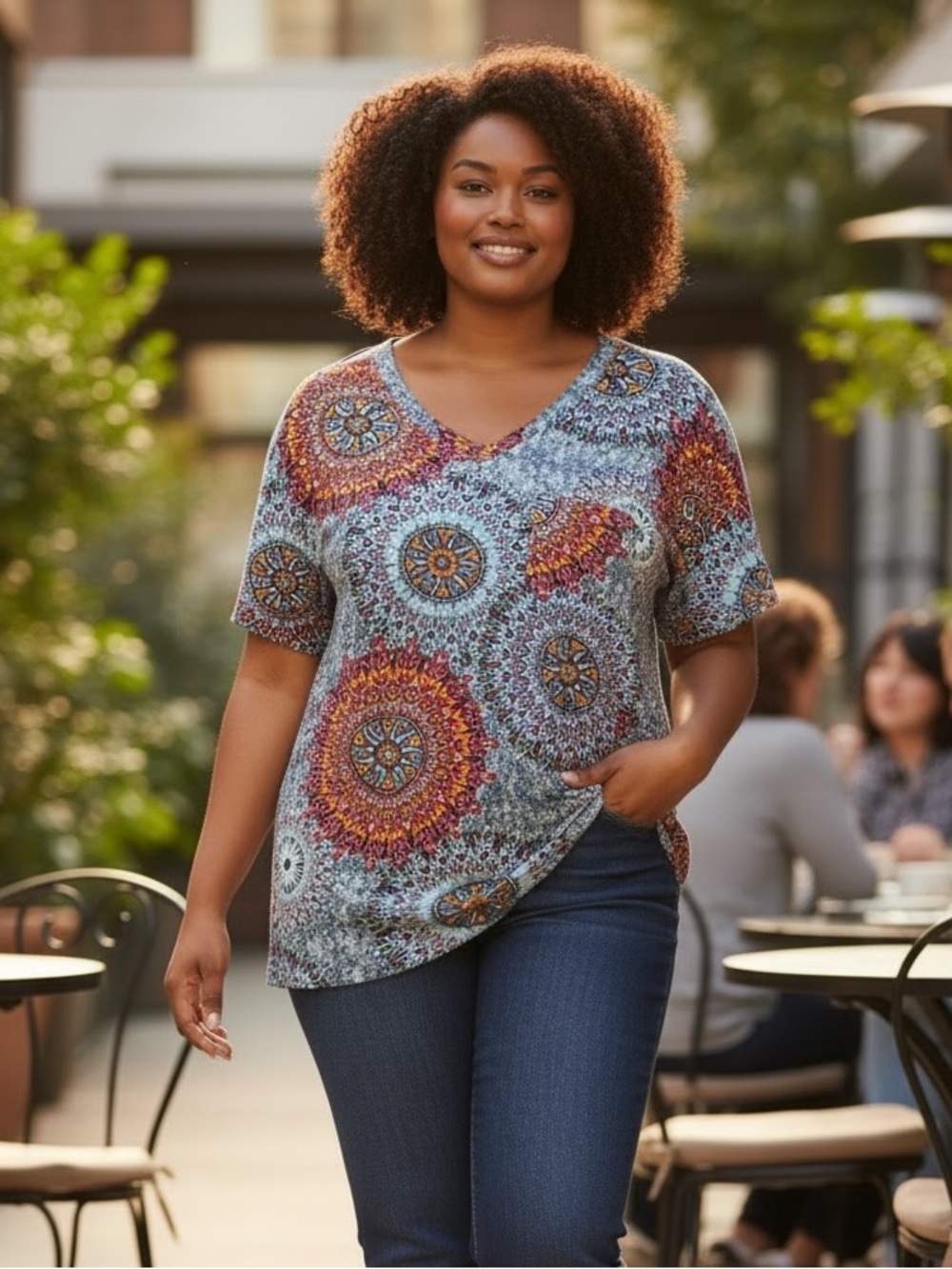 NWT Mandala Print V-Neck Top | Cuffed Sleeves | Pocket | Soft | New | Size: XL